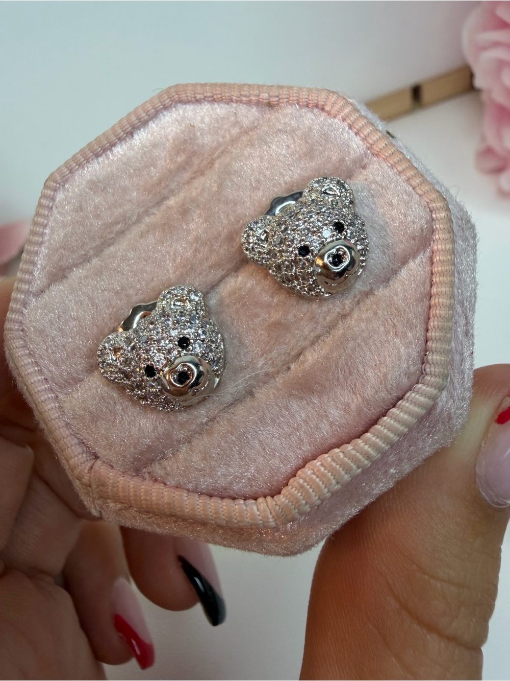 White gold plated page filled teddy bear stud earrings cute and elegant